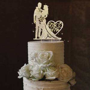 lot 4455 image: Elegant Crystal Wedding Cake Topper, Gold Metal Mr and Mrs Design, Rhinestone Decoration, 4.13x5.2 Inch (Gold)