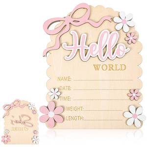 lot 4456 image: QFGasre Baby Announcement Sign Hello Worlds Newborn Sign Wooden 3D Pink Bows Birth Announcement Signs She��s Here Card for Newborn Photo Props Welcome Babies Shower Hospital Nursery Decor Double-Sided