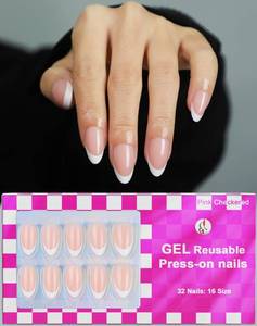 lot 4472 image: French Almond Gel Press On Nails Short 16 Sizes Fake Nails Glossy 32pcs, Nail Glue Included