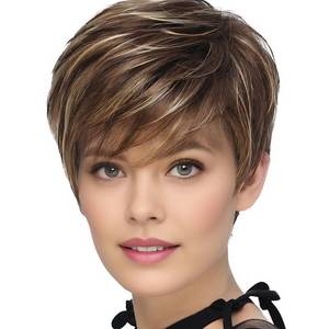 lot 4478 image: TISHINING Pixie Cut Brown Short Hair Wigs for White Women with Bangs Brown Mixed Blonde Highlights Layered Natural Looking Synthetic Hair Replacement Wigs for Daily Party Use