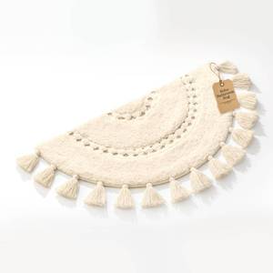 lot 4486 image: Boho Bathroom Rugs - Half Circle Cotton Mat with Crochet Insert and Tassels - Non-Slip Bohemian Rug for Bath, Bedroom or Entryway - Neutral Cream Decorative Rug - 42x22 Soft Machine Washable