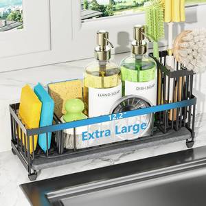 lot 5828 image: Cisily Extra Large Sink Caddy Organizer with Drying Stone, Black Sponge Holder for Kitchen, Dish Brush Holder for Countertop, Kitchen Decor Storage and Essentials