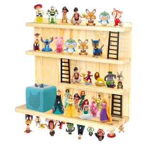 lot 5832 image: WodGod for Tonie Shelf Magnetic,for Tonie Storage Wall, Holds 50 Characters Creative Magnetic Top & Back,Pinewood Floating Shelves,Dedicated Charging Spot for Tonebox,Figures Storage,4-Tier