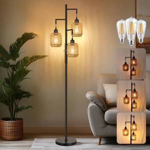 lot 5833 image: ROTTOGOON Dimmable Boho Floor Lamp - 3 Light Farmhouse Rattan Floor Lamp for Living Room, Industrial Tree Floor Lamps with 3 X 6W LED Bulbs, Rustic Standing Tall Lamp for Bedroom, Office, 68, Black