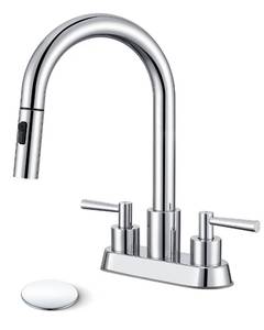 lot 5846 image: FELIXBATH Bathroom Faucet with Pull Out Sprayer, Chrome Bathroom Faucet 3 Holes, 2 Handle Bathroom Sink Faucet with 360 Degree Swivel Spout, Pop Up Drain Assembly Included