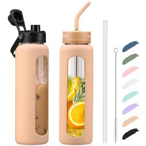 lot 5849 image: Kodrine 32oz Glass Water Bottle with Straw, Glass Drinking Bottle with 2 lids-Bamboo and Spout Lid, Leakproof Daily Water Intake Bottle with Time Marker for Home,Outdoor Sports, BPA free, Amber
