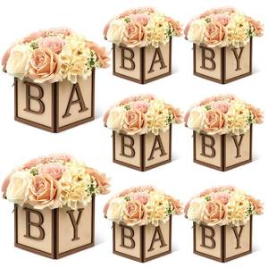 lot 5864 image: Acmee 8 Set Baby Shower Centerpieces for Tables - 6 inch Wooden Boxes with Baby Letters Rustic Cube Planter Wood Blocks for Gender Reveal Party Favor (Brown)