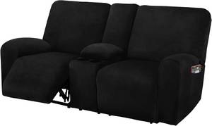 lot 5868 image: ULTICOR Reclining Loveseat with Middle Console Slipcover, 8-Piece Velvet Stretch Loveseat Reclining Sofa Covers, 2 Thick, Soft, Washable, Covers ONLY (Black)