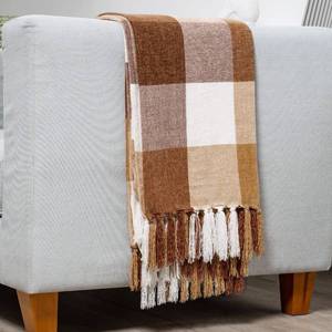 lot 5891 image: RECYCO Buffalo Paid Chenille Throw Blanket for Couch, Soft Cozy Decorative Buffalo Check Blanket Throw with Tassels for Bed Sofa, Lightweight Chenille Knitted Throw, Plaid Brown Off White, 50 x 60