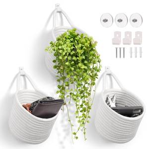 lot 6039 image: Fabric Wall Hanging Baskets - 3Pack Woven Pouchs Boho Style Wall Mounted Bag with Adhesive Hooks, Storage Organizers and Decoration Pocket Caddy Bins on Door Rack (White & White, Large)