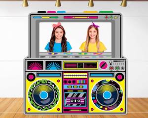 lot 6068 image: Fabric Radio Boombox Photo Booth Props for 90s 80s Party Decorations 59 X 59 Inch, Retro Radio Boombox Selfie Backdrop Hanging Banner for Hip Hop Music Theme Birthday Decorations 1980s Party Supplies
