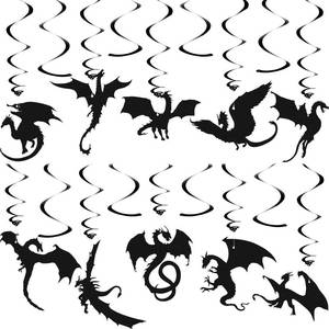 lot 6089 image: Sumind 30 Pcs Dragon Party Decoration Swirl Foil Hanging Ceiling Decoration for Dragon Themed Birthday Medieval Themed Party, 10 Designs(Black)