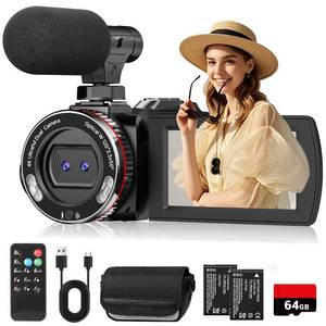 A4K Video Camera Camcorder 60FPS, UHD 64MP Vlogging Dual Camera for TikTok YouTube, 21X Digital Zoom 3 Inch IPS Screen Video Recorder Camera with External Micphone, Remote, 2 Batteries, 64GB Card