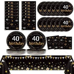 lot 6105 image: 40th Birthday Party Supplies Serves 24 Black and Gold 40 Years Old Birthday Party Decorations Paper Plates Napkins Cheers to 40 Years Tablecloth Set Vintage 1986 Tableware Kit Favors for Men or Women