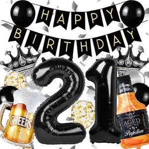 lot 6123 image: Happy 21st Birthday Decorations, Includes Black Number 21 Balloons, Banner, Silver Black and Gold Confetti Balloons, Whiskey Beer Crown Foil Balloon for 21st Birthday Party Supplies