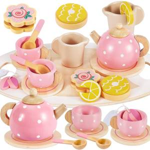 lot 9901 image: BUYGER Kids Wooden Tea Party Set for Little Girls Toddler Pretend Play Food Kitchen Accessories Princess Birthday Gifts for Ages 3 4 5 Years Old