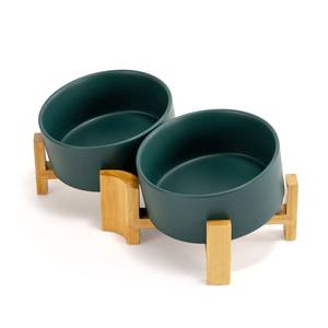 lot 9905 image: SPUNKYJUNKY 15° Slanted Ceramic Dog and Cat Bowl with Wooden Stand, Tilted Bulldog Food and Water Bowl No Slip Non-Spill for Cats Medium Dogs Big Face Pets 28.7 OZ (3.6 Cups, Green � 2)