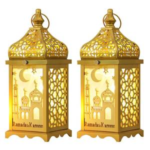 lot 9909 image: DECORKEY Ramadan Decorations for Home, 2Pcs 14 Decorative Candle Lantern for Tabletop Mantel Decor, Vintage Metal Lantern Candle Holders for Indoor Outdoor Decor, EID Mubarak Gift