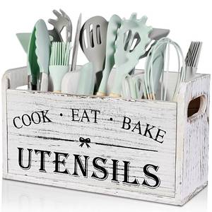 lot 9915 image: Atooge Kitchen Utensil Holder with 3 Compartments, Wooden Storage Utensil Organizer for Countertop, Farmhouse Decor, Rustic Cooking Utensil Kitchen Tool
