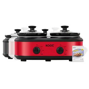 lot 9928 image: KOOC Double Small Slow Cooker, Buffet Server and Warmer, 2 Mini Pots with 3 Individual Adjustable Temp, Dual Ceramic Pots, Free Liners for Easy Clean-up, Stainless Steel, Total 2.5 Quart, Red, Round