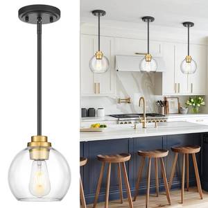 lot 9944 image: Audickic Pendant Lights Kitchen Island, 7 Black and Gold Hanging Lights Fixtures with Clear Glass Globe Shade, Modern Kitchen Island Lighting for Bathroom, AD-22280-1P-KG