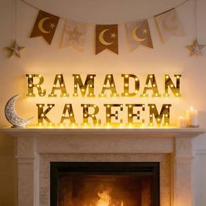lot 9948 image: 13 Pcs Ramadan Kareem LED Letter Lights, 6.5in Battery Powered Tabletop & Wall Decor with Mirror Finish, Islamic Ramadan & Eid Decoration, Gift for Muslim Family & Friends (Batteries Not Included)