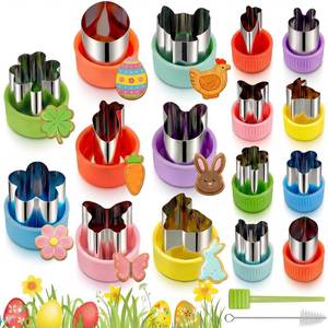 lot 10297 image: Reallnaive 28 Pcs Easter Vegetable Cutter Shapes, Stainless Steel Mini Cookie & Fruit Cutter Shapes Bunny, Chick, Egg, Carrot, Flower, Butterfly Mold for Kitchen, Bento, Sandwich, Spring Easter Party