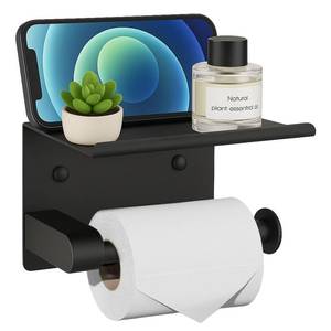 lot 10350 image: Twirobt Black Toilet Paper Holder with Shelf - Rustproof Stainless Steel Wall Mount or Self Adhesive Bathroom Tissue Roll Holder - Fits Mega Rolls, for Bathroom, Washroom, Kitchen & RV Decor