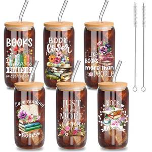 lot 11662 image: Yetene 6 Pcs Book Lovers Gifts for Women Bookish Readers 16 oz Glass Cups with Lids Straws Book Club Librarian Appreciation Gifts for Valentines Day Birthday Bookworms Teacher (Missing One)
