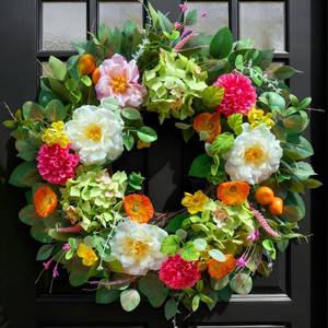 lot 11686 image: Pinkpuii 24 Inch Spring Wreaths for Front Door- Outdoor Spring Summer Flower Wreath with Vibrant Peony Hydrangea Flower, Green Eucalyptus Leaves and Orange Berry- Ideal for Porch,Mantel,Home Wall