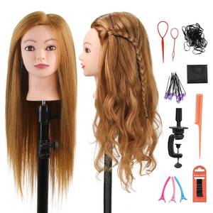 lot 11688 image: 26-28 Long Hair Mannequin Head with 60% Real Hair, Hairdresser Practice Training Head Cosmetology Manikin Doll Head with 9 Tools and Clamp - #27 Golden, Makeup On