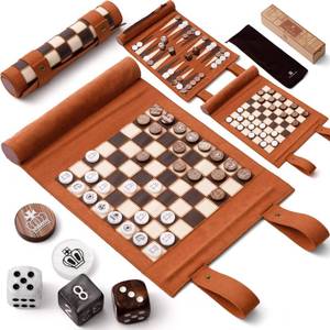 lot 12014 image: Woodronic 3 in 1 Travel Chess Backgammon Checkers Set, Roll-up Leather Backgammon Set with 32 Premium Pearl Pieces and 5 Dices, Portable Travel Chess Board Game Set for Adult,13x10 Inch
