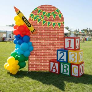 lot 12076 image: VitalCozy 7.2ft Red Brick Arch Backdrop Cover Cartoon Street Photography Backdrops with Colorful Flags Decor for Back to School Prek Graduation Friends Birthday Party Photo Props