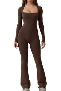 lot 12086 image: QINSEN Women Square Neck Long Sleeve Jumpsuit Casual Wide Leg Long Pants Romper Coffee Chocolate Brown M