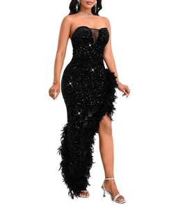 lot 12452 image: dasmzper Womens Sexy Sequin Off The Shoulder V Neck Mesh See Through Dress Feather Hem Bodycon Evening Maxi Dress Black