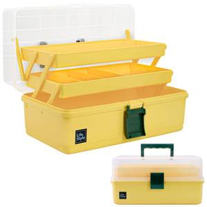 lot 15212 image: Creahaus 13 inch Art Craft Organizer Storage Box with 3 Layer, Multipurpose Plastic Tool Box with Handle for Sewing, Art Supply, Medicine, Nail, Hair Accessories (Yellow)
