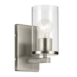 lot 15240 image: Crosby 4.5 1-Light Wall Sconce with Clear Glass in Brushed Nickel. for Bathroom, Powder Room, Hallway, Kitchen, Bedroom, Fireplace, (4.5 x 9.25), 45495NICLR