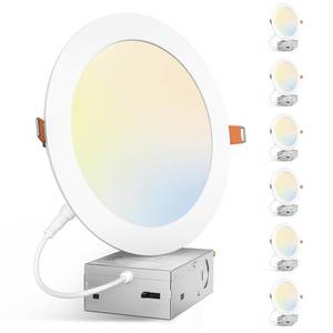 lot 15262 image: Amico 6 Pack 7 Inch 5CCT Ultra-Thin LED Canless Recessed Ceiling Light with Junction Box, 2700K3000K3500K4000K5000K Selectable, 15W100W, 1300LM High Brightness, Dimmable Wafer Downlight-ETL&FCC