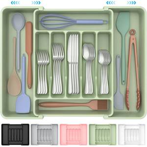 lot 15264 image: ukeetap Extra Large Expandable Silverware Organizer, BPA-Free Food-Safe Cutlery Flatware Organizer, Kitchen Utensil Drawer Organizer, Adjustable Silverware Holder for Spoons Forks Knives, Green