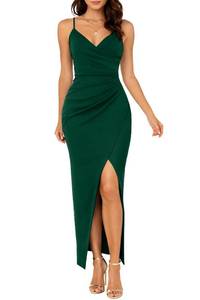 lot 16199 image: OWIN Womens Wrap V Neck Maxi Dress with Slit Ruched Waist Spaghetti Strap Slim Fit Wedding Guest Cocktail Evening Dress Dark Green Medium