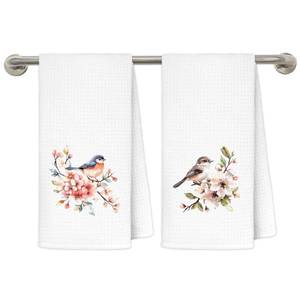 lot 16209 image: MKIJUHB Floral Bird Kitchen Dish Towels, Gifts for Bird Lovers Watchers, Rustic Wildflower Botanical Birds Decorative Hand Towels for Bathroom, 16x24 Inch Set of 2