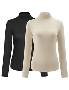 lot 16211 image: Kindcall Women��s Slim Fitted Mock Turtleneck Tops Long Sleeve Lightweight Base Layer Shirts (Black Beige, Small)