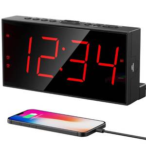 lot 16243 image: PPLEE Alarm Clock for Bedroom, Large Number Digital Clock with Dimmer for Living Room, Dual Alarms Easy to Read clock for Seniors, Electric Bedside Desk Clock with USB Charger, Digital Red LED Display