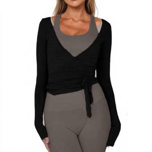 lot 16249 image: Women Wrap Tie Top Y2k Long SLeeve Ballet Workout Yoga Shirt Coquette Blouses (US, Alpha, Medium, Regular, Regular, Black)