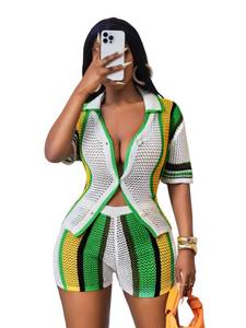 lot 16263 image: SEGT Womens 2 Piece Sexy Short Sets Knit Hollow Out Outfits V Neck Color Block Short Sleeve Button Down Shirt and Shorts Set green M