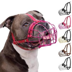 lot 16264 image: BRONZEDOG Pitbull Dog Muzzle Metal Mask Amstaff Wire Basket Pit Bull Adjustable Leather Straps for Large Dogs (Pink)