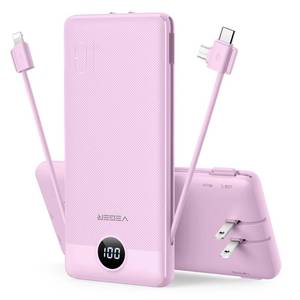 lot 16327 image: VEGER Portable Charger with Built-in AC Plug and Cables, All in One 10000mAh Ultra Slim Power Bank Travel Essentials, Fast Charging Battery Pack Compatible with iPhone, Samsung, Android (Purple)