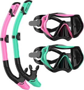 lot 16329 image: Snorkeling Gear for Adults, JRing Snorkel Mask Set with 180 Degree Tempered Glass Anti Fog Goggles Scuba Dry Top Snorkel for Swimming, Scuba Diving Mask for Men Women (PinkGreen)