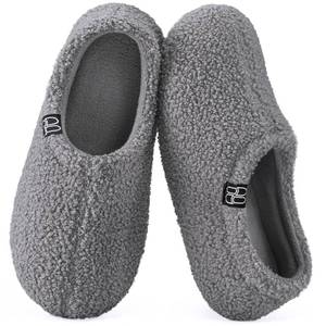 lot 16341 image: HomeTop Womens Fuzzy Curly Fur Memory Foam Loafer Slippers Bedroom House Shoes with Polar Fleece Lining (5-6, Grey)