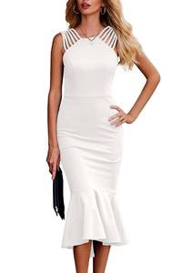 lot 16347 image: PRETTYGARDEN Womens Elegant Midi Bodycon Dress Sleeveless Backless Ruffle Hem Mermaid Formal Cocktail Wedding Guest Dresses (White,Small)